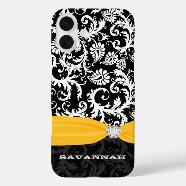Funda iPhone 16 Plus Damasco amarillo y blanco Diamante de imitación de (Reverso )
