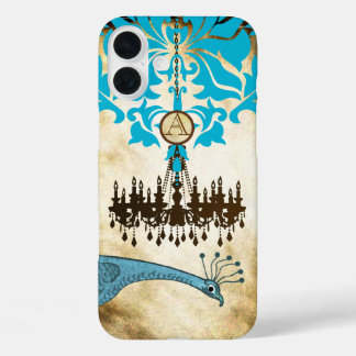 Funda iPhone 16 Plus Damasco de candelabro de pavo real monogramo