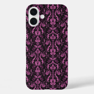 Funda iPhone 16 Plus Damasco elegante rosa y negro - Barroco vintage