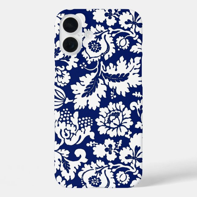 Funda iPhone 16 Plus Damasco floral William Morris, azul cobalto y blan (Reverso )