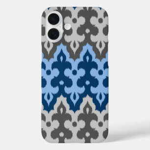 Funda iPhone 16 Plus Damasco marroquí de ikat, azul y gris / gris