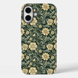 Funda iPhone 16 Plus Dark green stylized yellow flowers  pattern 