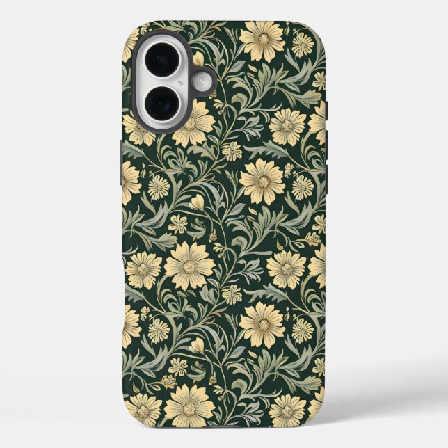 Funda iPhone 16 Plus Dark green stylized yellow flowers  pattern  (Reverso )
