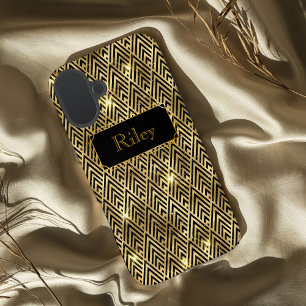Funda iPhone 16 Plus Deco de arte glamuroso con brillo dorado y negro