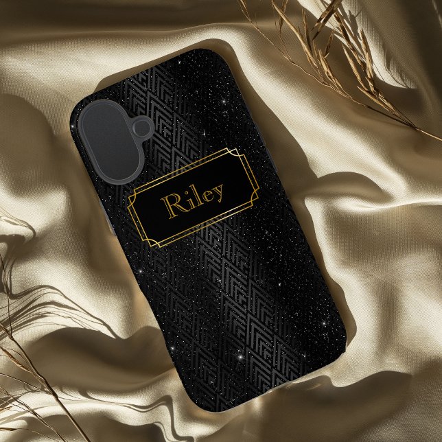 Funda iPhone 16 Plus Deco de arte glamuroso negro y dorado (Subido por el creador)