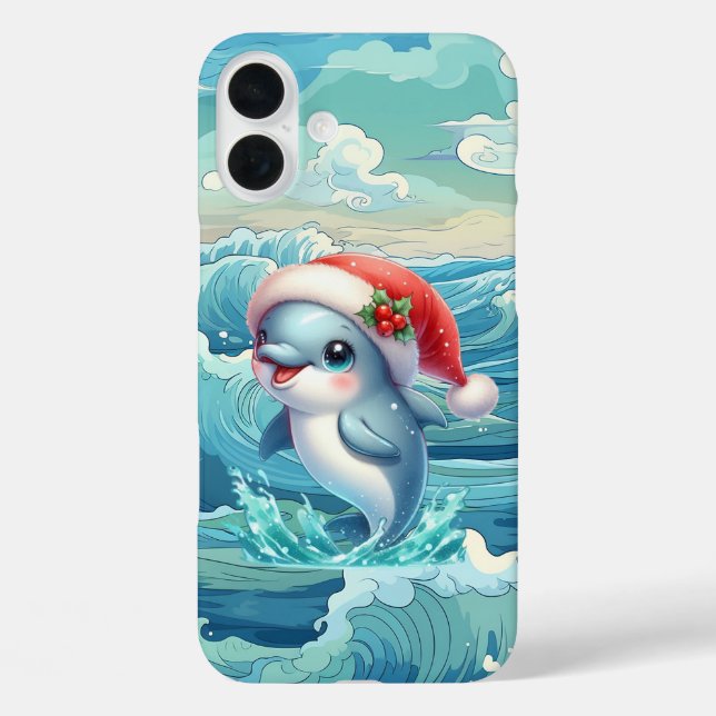 Funda iPhone 16 Plus Delfín de playa navideño festivo  (Reverso )