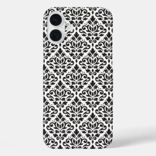 Funda iPhone 16 Plus Desplazar Damask negro sobre patrón blanco
