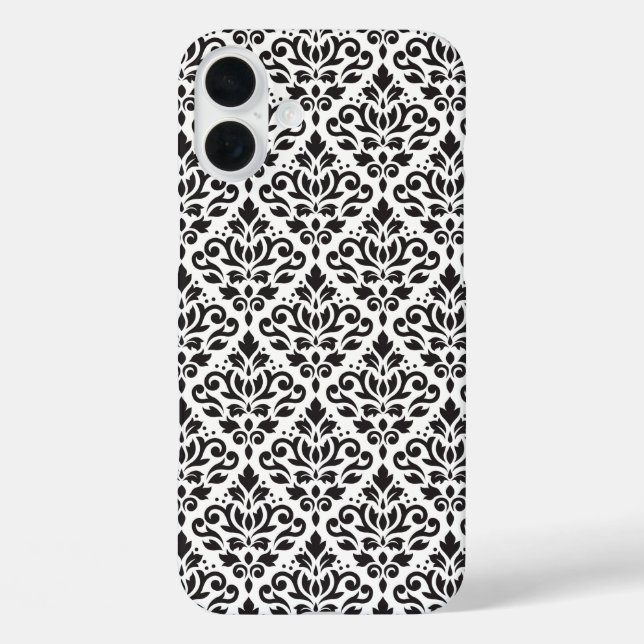 Funda iPhone 16 Plus Desplazar Damask negro sobre patrón blanco (Reverso )