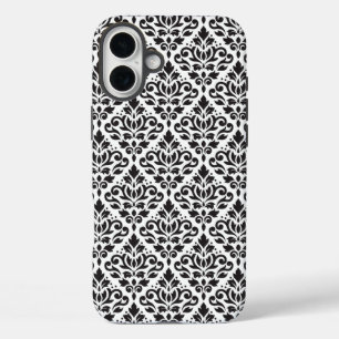 Funda iPhone 16 Plus Desplazar Damask negro sobre patrón blanco