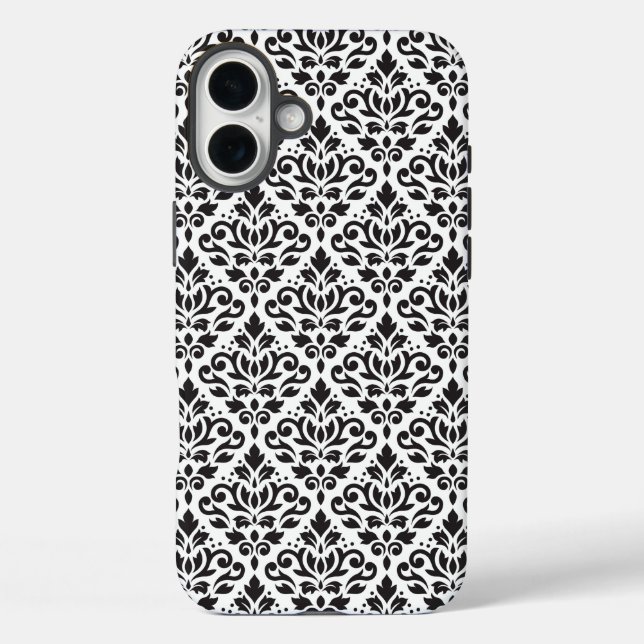 Funda iPhone 16 Plus Desplazar Damask negro sobre patrón blanco (Reverso )