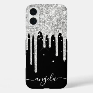 Funda iPhone 16 Plus Destellos de purpurina plateada Brillo negro Firma