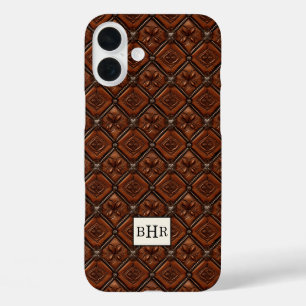 Funda iPhone 16 Plus Diamante de Cuero Marrón con Monograma