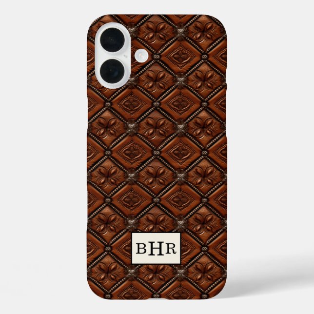 Funda iPhone 16 Plus Diamante de Cuero Marrón con Monograma (Reverso )