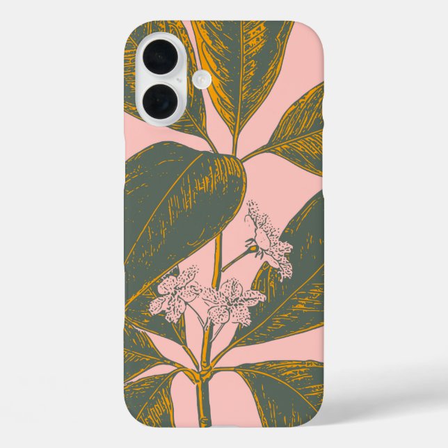 Funda iPhone 16 Plus Dibujo botánico del borde de la palmera rosa y ver (Reverso )