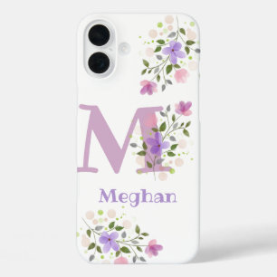 Funda iPhone 16 Plus Diseño de flores y nombre inicial del estuche de t