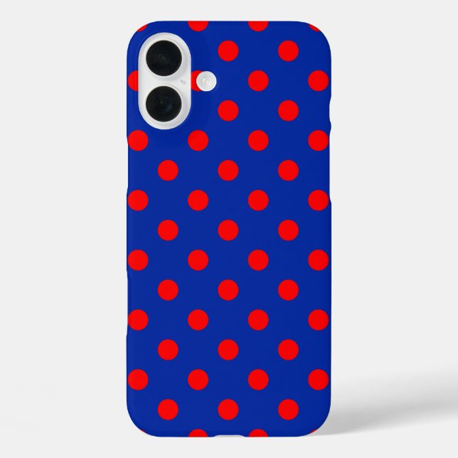 Funda iPhone 16 Plus Diseño de patrón de lunares azules sobre rojo  (Reverso )