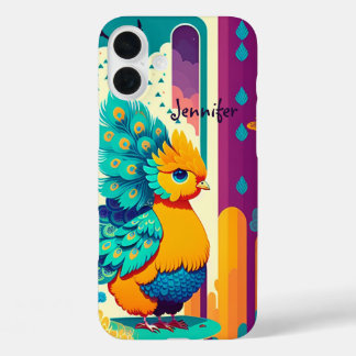 Funda iPhone 16 Plus Diseño de pavo real bebé con nombre personalizado