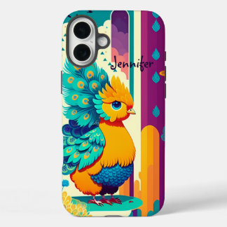 Funda iPhone 16 Plus Diseño de pavo real bebé con nombre personalizado
