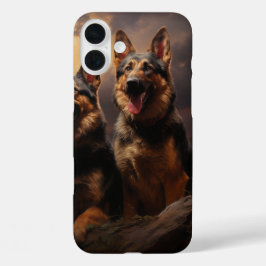 Funda iPhone 16 Plus Dos pastores alemanes al atardecer