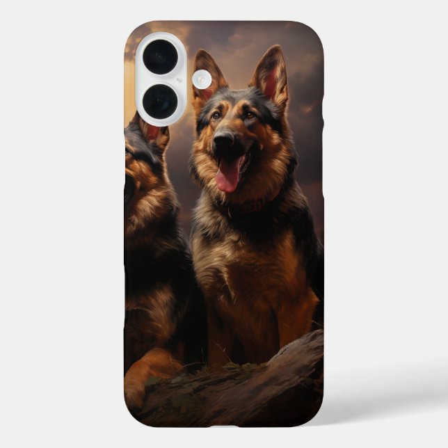 Funda iPhone 16 Plus Dos pastores alemanes al atardecer (Reverso )