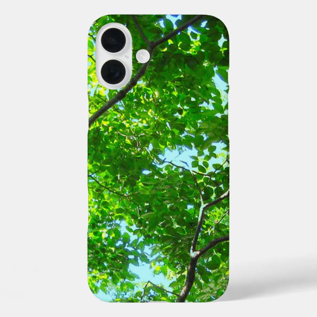 Funda iPhone 16 Plus Dosel de Verde, Ramas Frondosas con Cielo Azul    (Reverso )