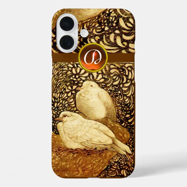 FUNDA iPhone 16 PLUS DOVAS BLANCAS EN SEPIA MARRÓN, MONOGRAMA DE PIEDRA (Reverso )
