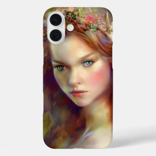 Funda iPhone 16 Plus Dreamy kitschy Maiden con arte de flor Wreath AI