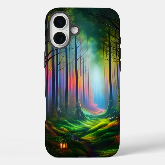 Funda iPhone 16 Plus Dreamy Rainbow Colour Forest Trail Digital AI Art (Reverso )