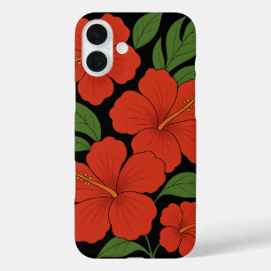 Funda iPhone 16 Plus Elegancia tropical Hibiscus rojo en negro