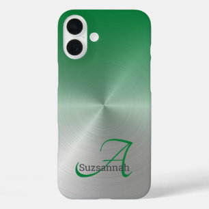 Funda iPhone 16 Plus Elegant Monogram Name Green Ombre Faux Metal