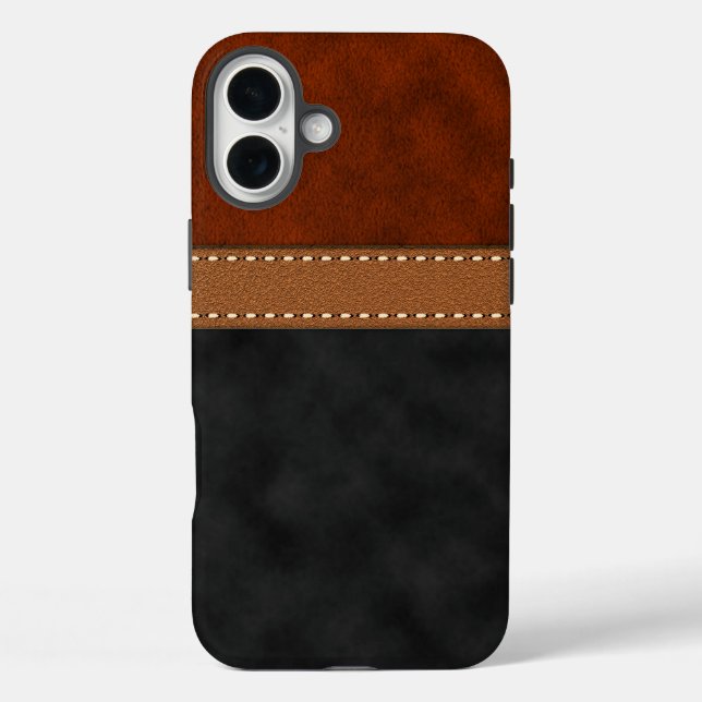 Funda iPhone 16 Plus Elegante Falso Cuero Negro Rojo Marrón Suede Impre (Reverso )