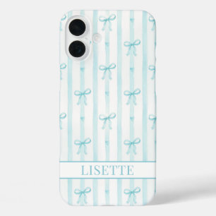 Funda iPhone 16 Plus Elegante lazos de coqueta a rayas Aqua Monogramado