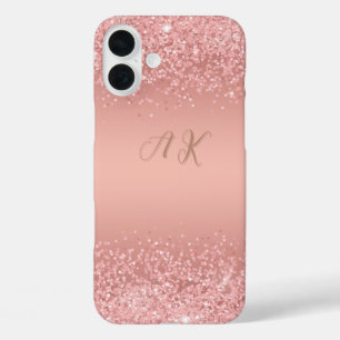 Funda iPhone 16 Plus Elegante Monograma de Lujo con Brillo en Rosa Dora