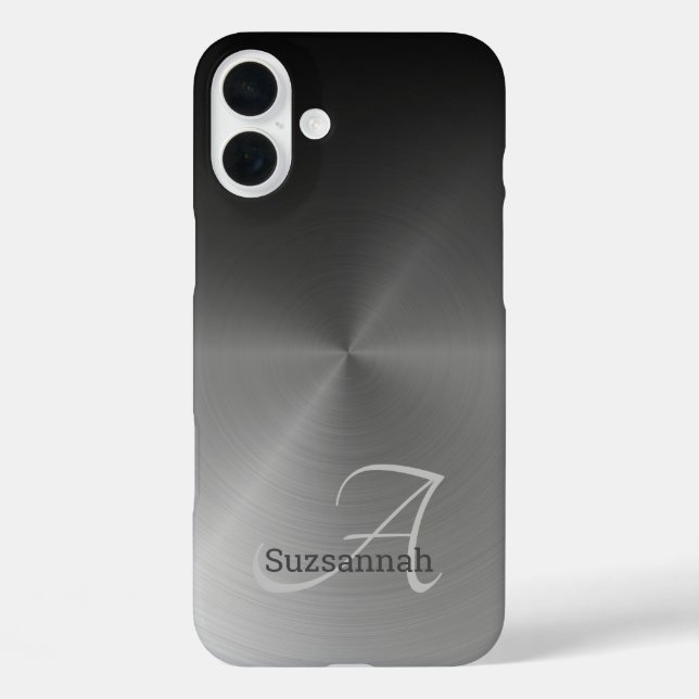 Funda iPhone 16 Plus Elegante Monograma Nombre Negro Ombre Faux Metaliz (Reverso )