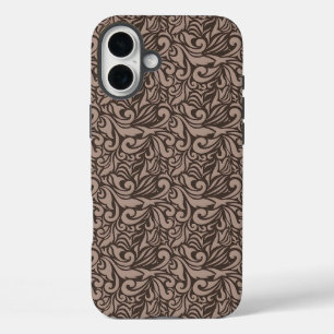 Funda iPhone 16 Plus Elegante patrón floral marrón sobre fondo rosa cla