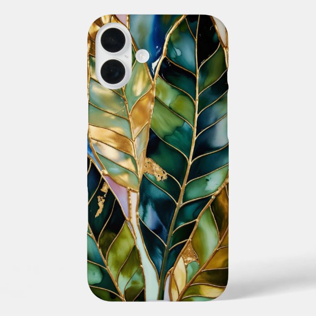 Funda iPhone 16 Plus Emerald Green Gold Leaf Aesthetic Phone Case (Reverso )