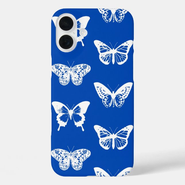 Funda iPhone 16 Plus Esbozo de mariposa, azul cobalto y blanco (Reverso )