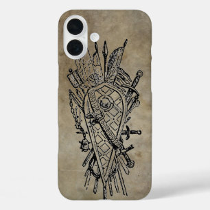 Funda iPhone 16 Plus Escudo de espadas de cuero falso