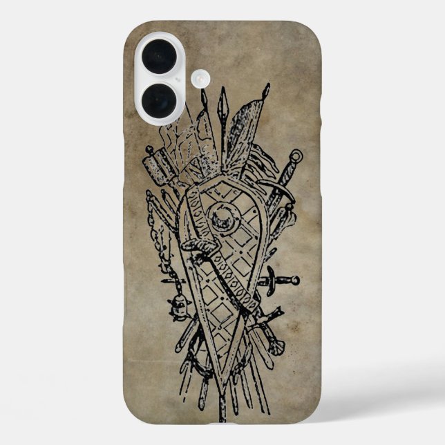 Funda iPhone 16 Plus Escudo de espadas de cuero falso (Reverso )