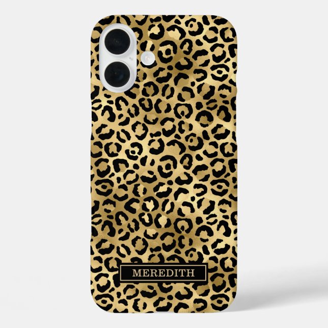 Funda iPhone 16 Plus Estampado de leopardo con lámina dorada y monogram (Reverso )