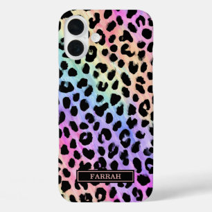 Funda iPhone 16 Plus Estampado de leopardo de arcoíris pastel monograma