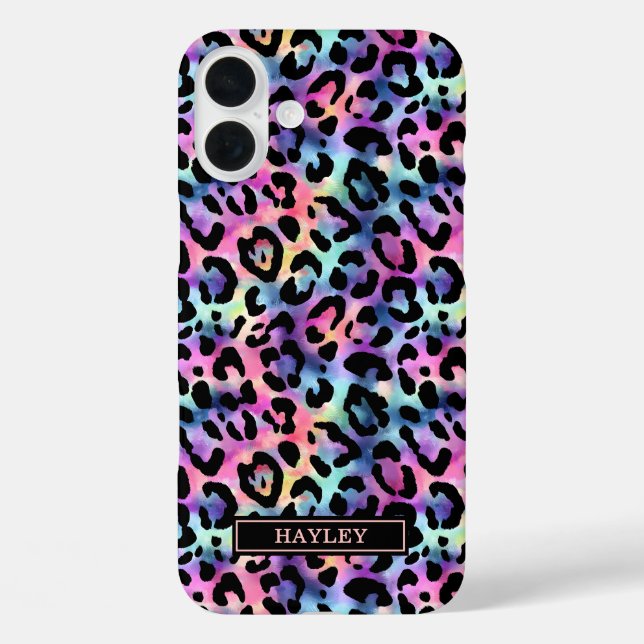 Funda iPhone 16 Plus Estampado de leopardo iridiscente monogramado (Reverso )