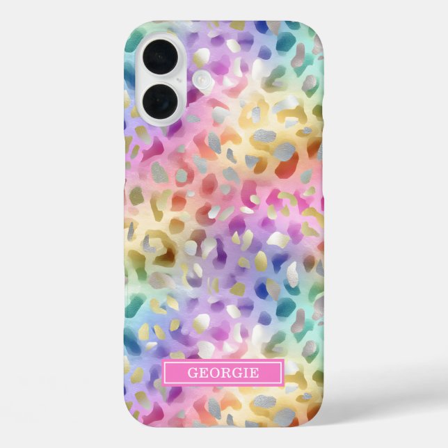 Funda iPhone 16 Plus Estampado de leopardo iridiscente pastel monograma (Reverso )