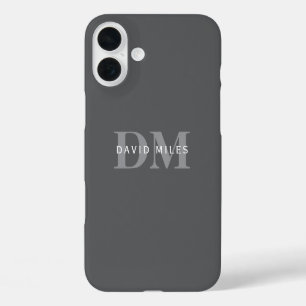 Funda iPhone 16 Plus Estilo moderno monograma y nombre gris oscuro