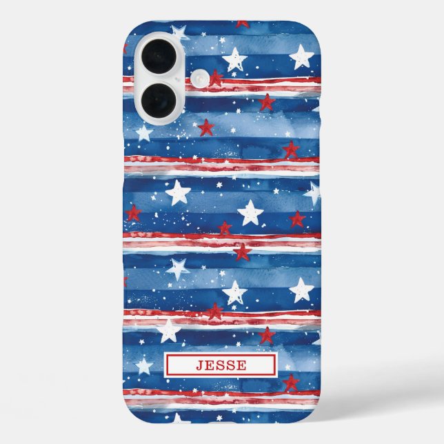Funda iPhone 16 Plus Estrellas y Franjas Patrióticas Monogramadas (Reverso )