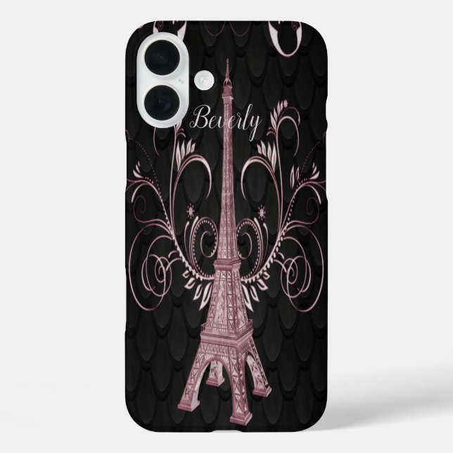 Funda iPhone 16 Plus Estuche Eiffel Tower Pink Floral Swirls para iPhon (Reverso )