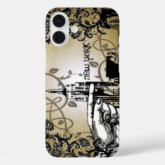 Funda iPhone 16 Plus Estuche para iPhone de New York Skyline Damask Bur