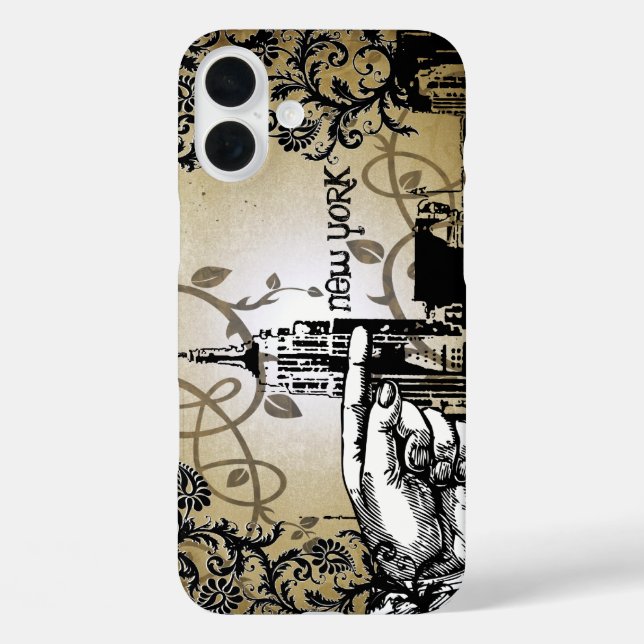 Funda iPhone 16 Plus Estuche para iPhone de New York Skyline Damask Bur (Reverso )