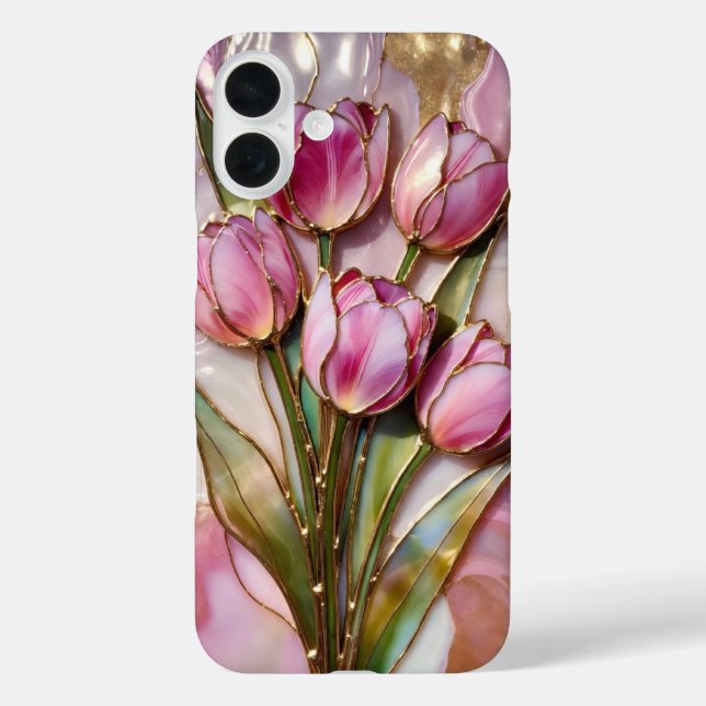 Funda iPhone 16 Plus Estuche para teléfono con ramo de tulipanes rosado (Reverso )