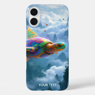 Funda iPhone 16 Plus Fantasía cute volando tortuga arcoiris